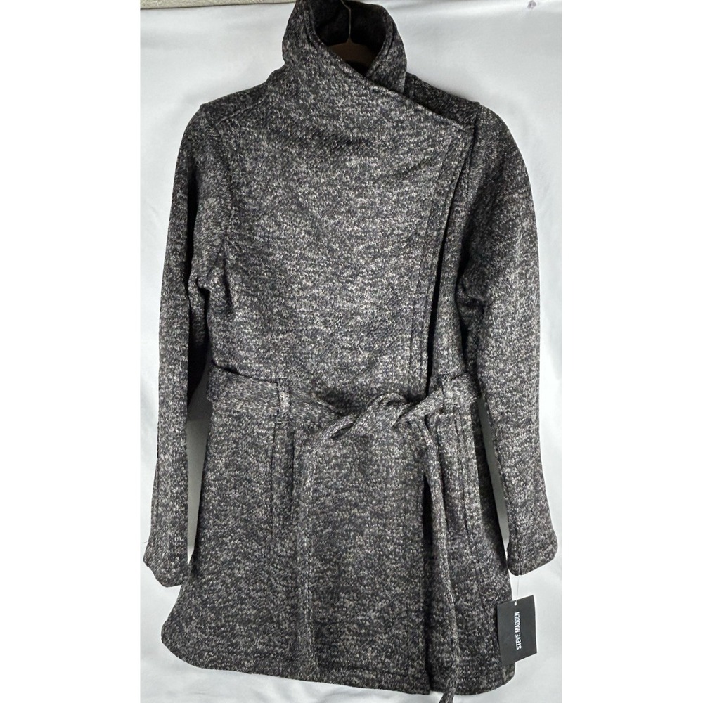 NWT Steve Madden Heather Gray Asymmetrical Belted Zip Up Coat Jacket Womens L